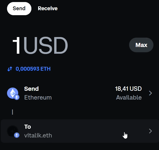 Coinbase Wallet correctly resolves the address for vitalik.eth