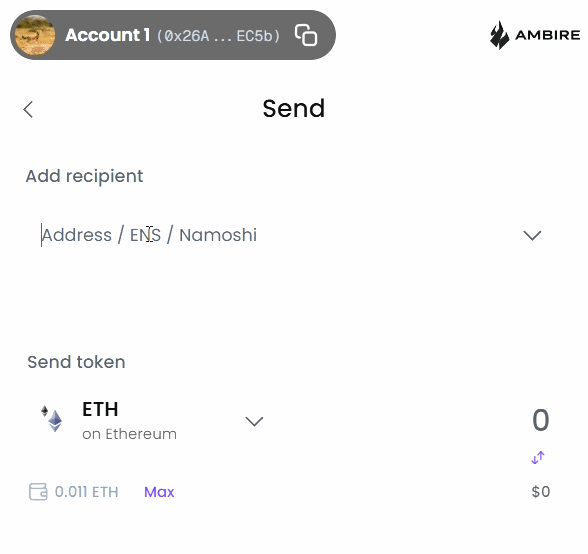 Ambire Wallet correctly resolves the address for Ξthereum.eth