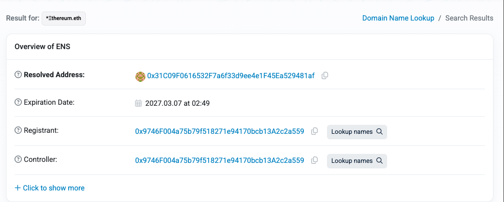 Etherscan correctly resolves a name requiring normalization