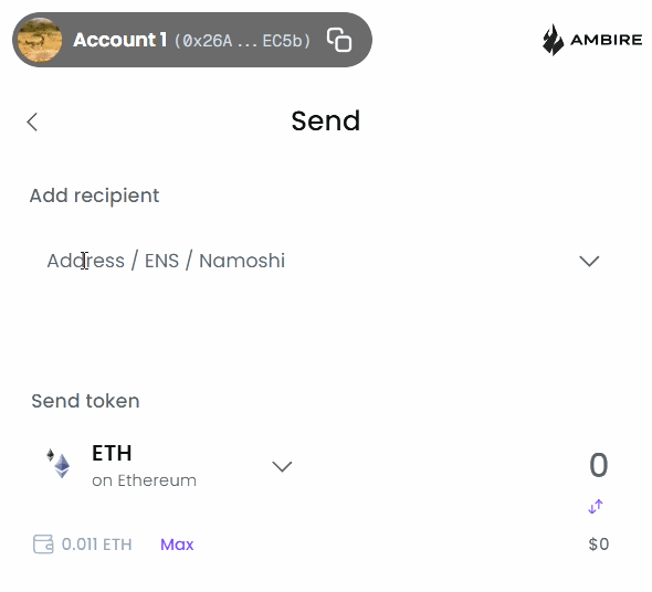 Ambire Wallet correctly resolves the address for jesse.base.eth