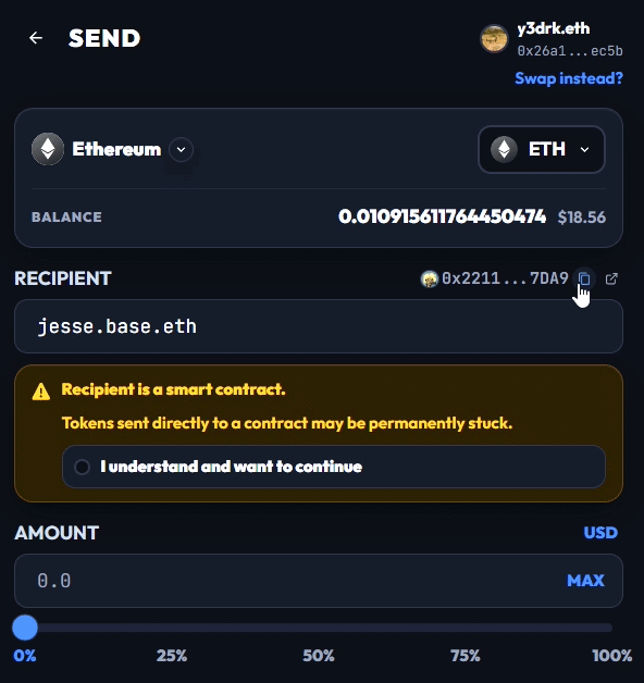 WalletChan correctly resolves the address for jesse.base.eth