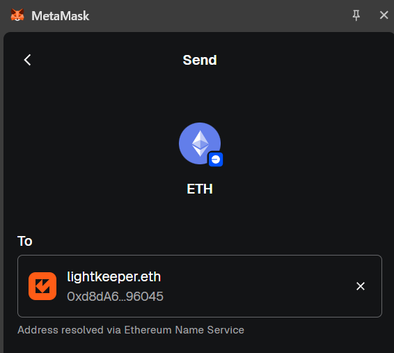 MetaMask Wallet correctly resolves the address for lightkeeper.eth on the Base chain