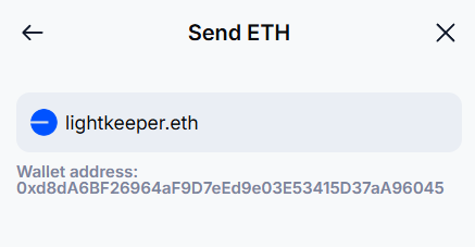 Crypto.com Wallet correctly resolves the address for lightkeeper.eth on the Base chain