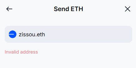Crypto.com Wallet gracefully handles the invalid address for zissou.eth on the Base chain